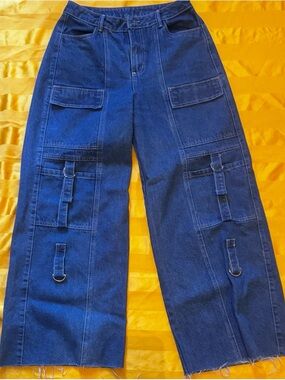 Wide Leg Cargo Jeans in Dark Blue - Women's Flared Denim Pants